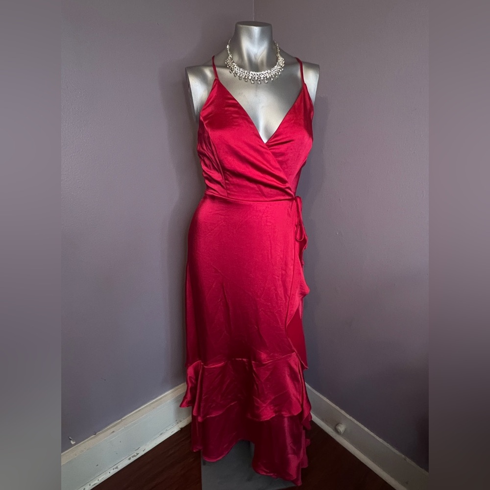 Nine West Red Satin Wrap Maxi Dress